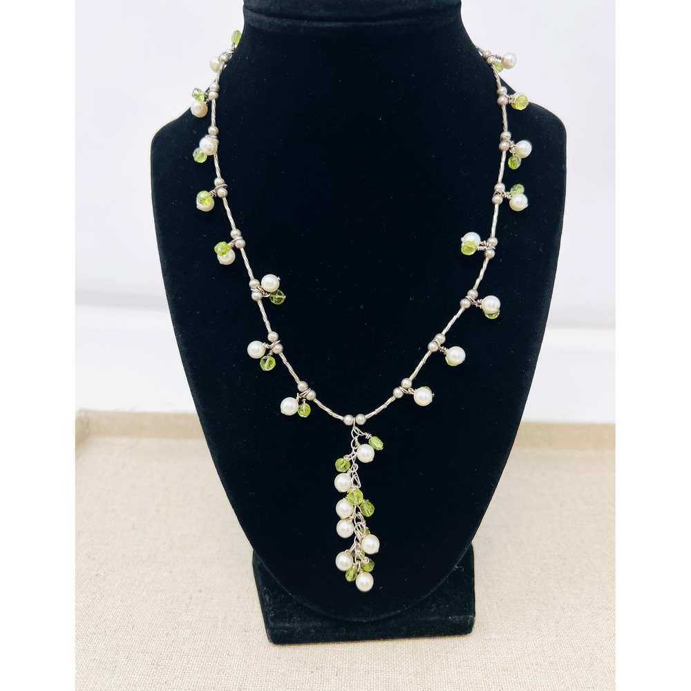 Sterling Silver Pearl & Peridot Green Bead Y-Drop Lariat Necklace